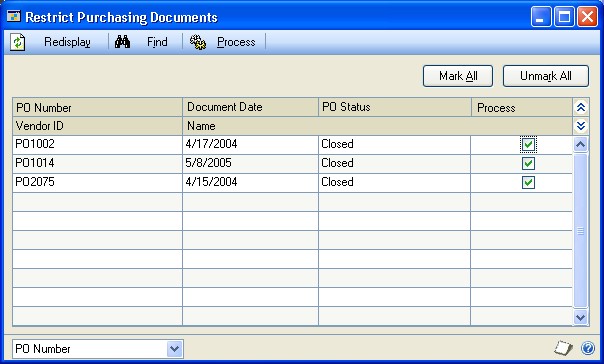Screenshot that shows the Restrict Purchasing Documents window.
