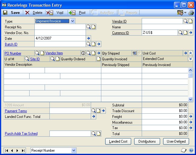 Screenshot of the Receivings Transaction Entry window as it appears by default.