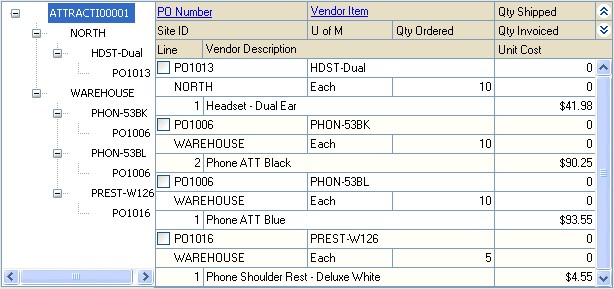 Screenshot of the Site/Item Number/PO object sorting window.