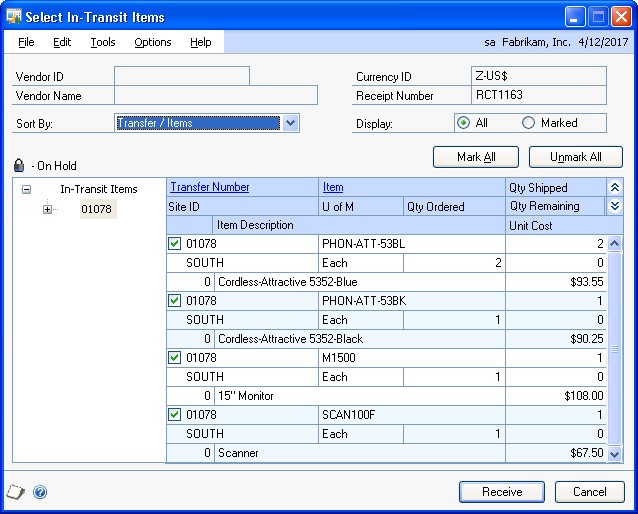 screenshot Select In-Transit Items 