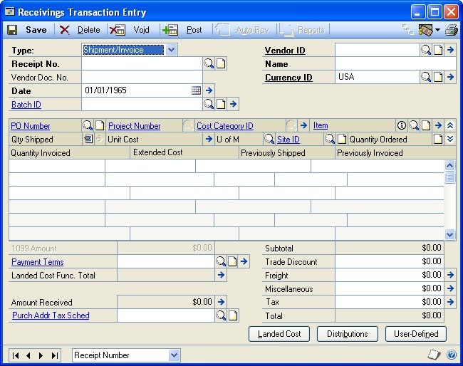 Screenshot of the Receivings Transaction Entry window.