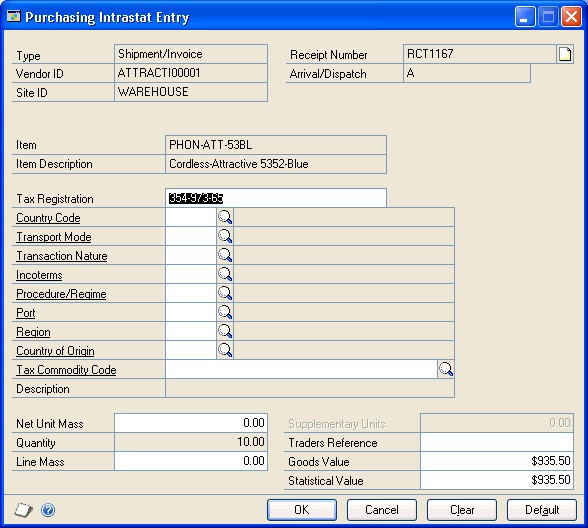 Screenshot of the Purchasing Intrastat Entry window.