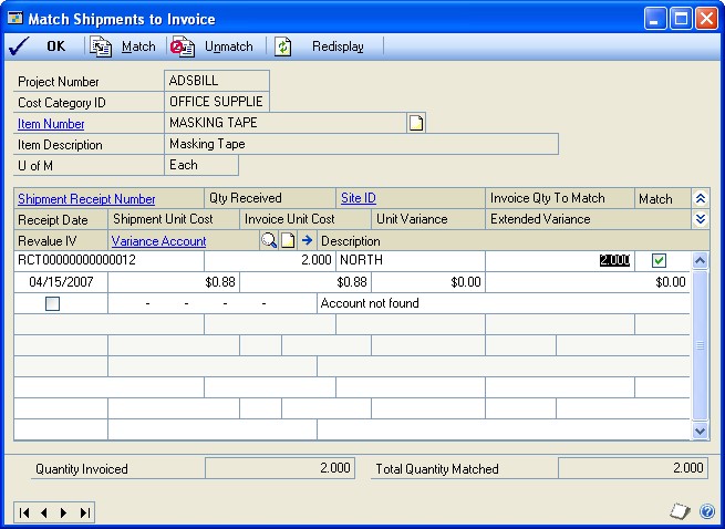 Screenshot of the Match Shipments to Invoice window, where you can choose which line items can be matched.