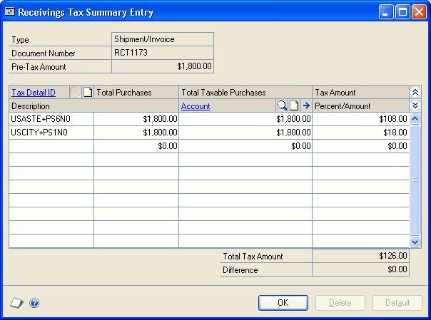 screenshot Receivings Tax Summary Entry