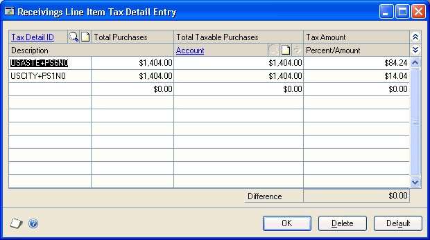 screenshot Receivings Line Item Tax Detail Entry