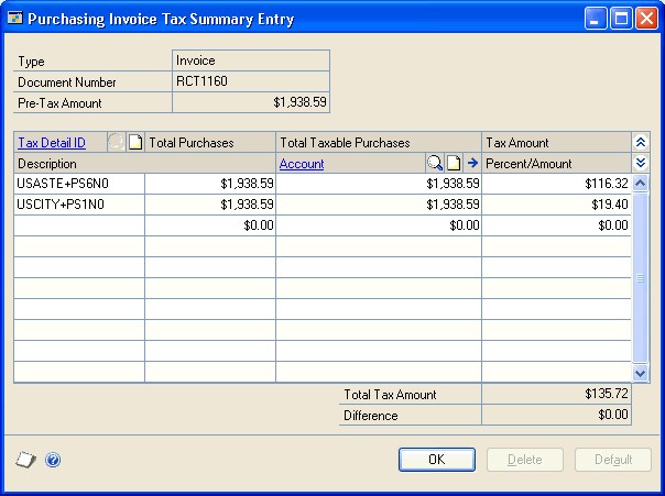 screenshot Purchasing Invoice Tax Summary Entry 