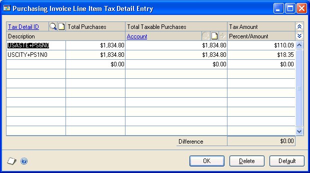 screenshot Purchasing Invoice Line Item Tax Detail Entry
