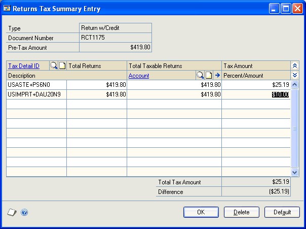 screenshot Returns Tax Summary Entry