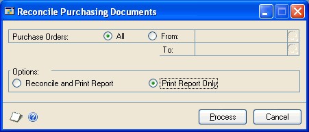 Screenshot of window, showing all selected for purchase order and print report only selected for options.