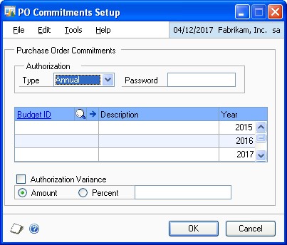 Screenshot of the PO Commitments Setup window.
