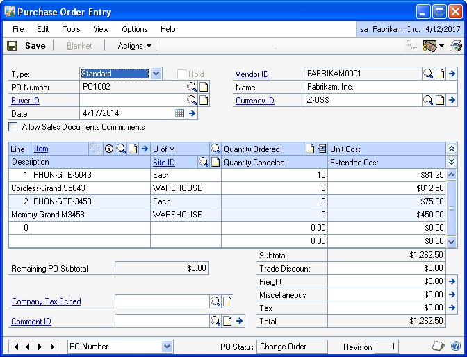 Screenshot of the the Purchase Order Entry window.