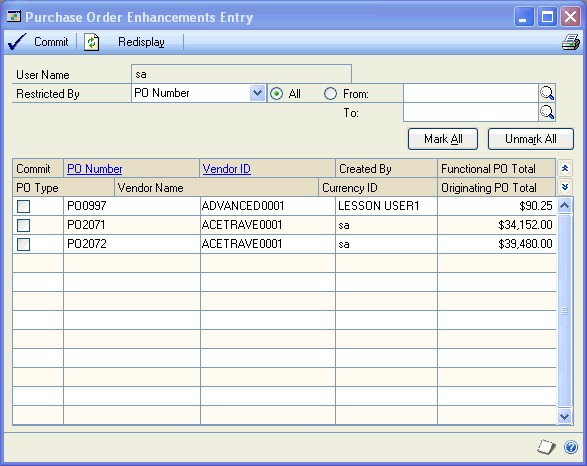 Screenshot of the Purchase Order Enhancements Entry window.