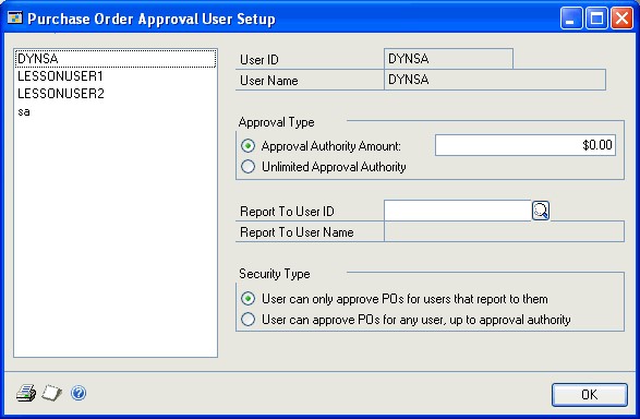 Screenshot of the Purchase Order Approval User Setup window.