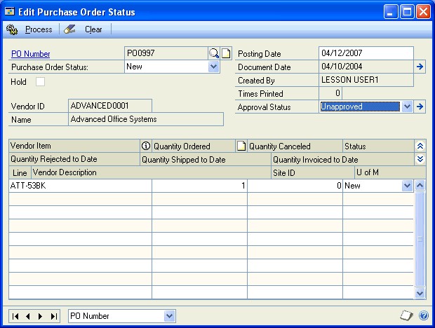 Screenshot of the Edit Purchase Order Status window.