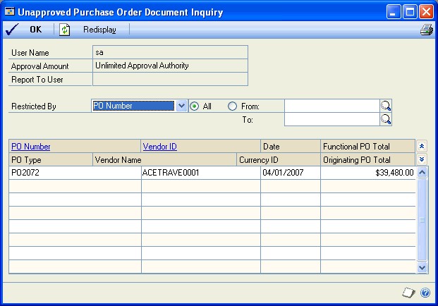 Screenshot of the Unapproved Purchase Order Document Inquiry window.