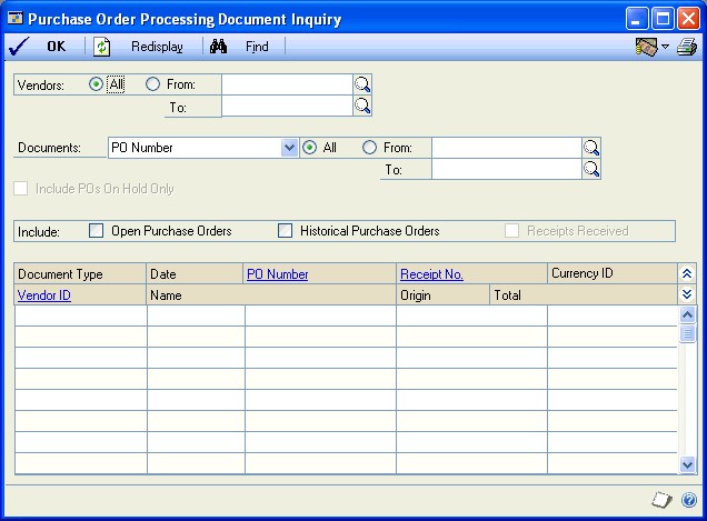 Screenshot of the Purchase Order Processing Document Inquiry window.