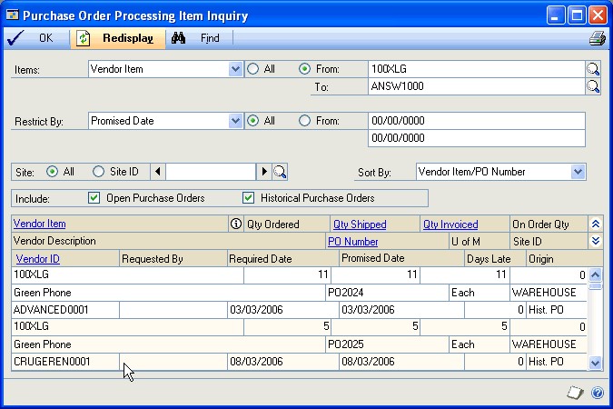 Screenshot of the Purchase Order Processing Item Inquiry window.
