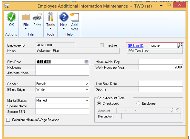 Shows the PTE employee addiiontal maintenance page