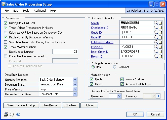 Screenshot of window, showing an example set of sales order information.