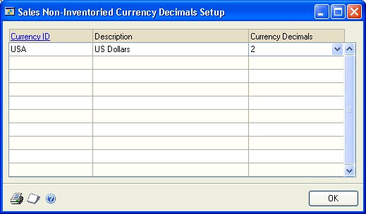 Screenshot of window, showing USA entered as the currency ID, US dollars as the description, and two as the amount of currency decimals.