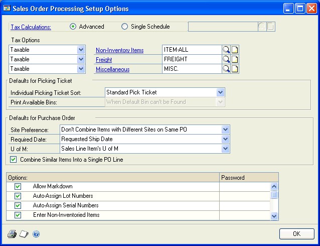 Screenshot of window, showing example tax entry options for a sales order.