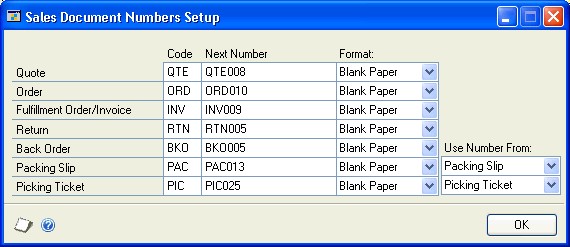 Screenshot of window, showing example code entries for quote, order, fulfillment order, return, back order, packing slip, and picking ticket.