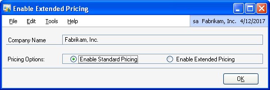 Screenshot of window, showing Fabrikram, Inc entered as the company name and the enable standard pricing option selected.