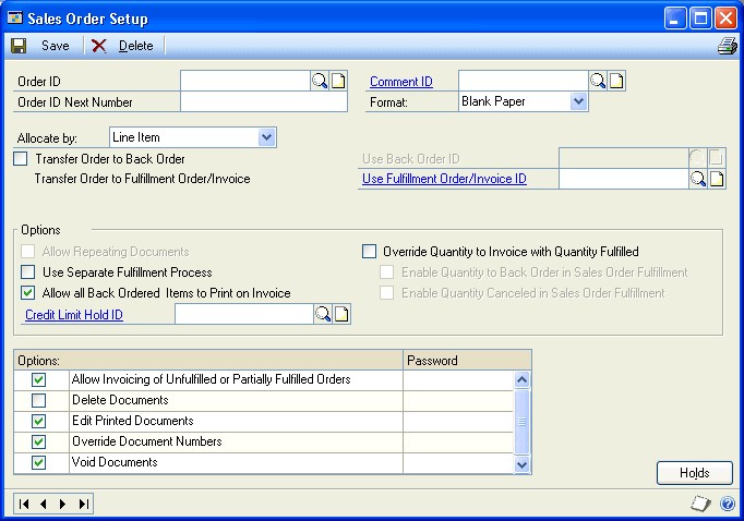 Screenshot of Sales Order Setup window, showing input options before entries have been made.