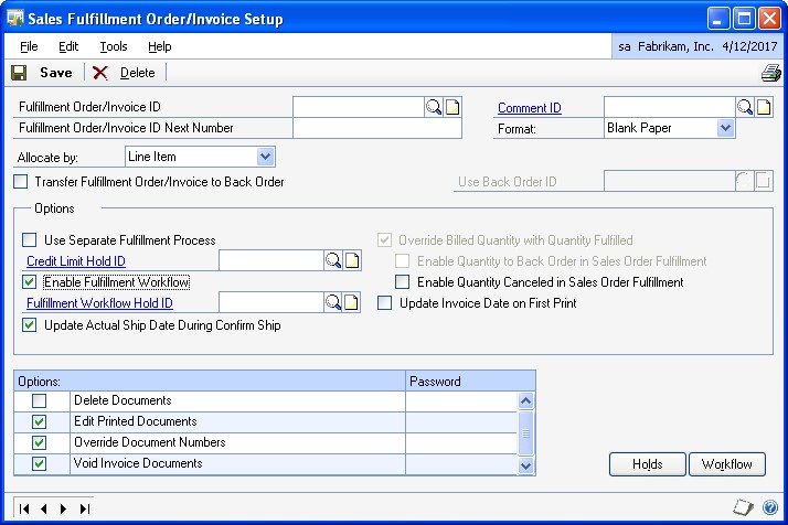 Screenshot of sales window, showing empty fulfillment order invoice ID fields.