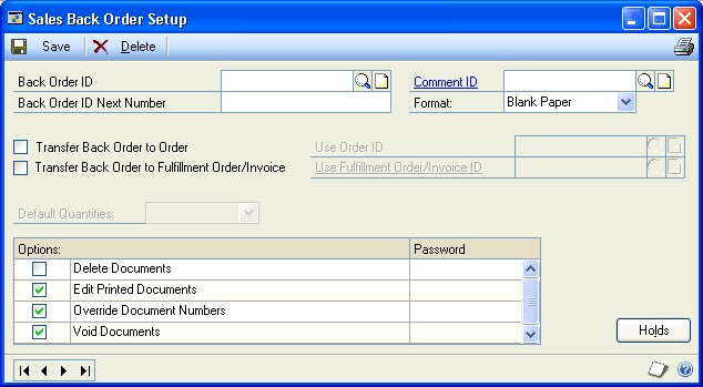 Screenshot of window, with empty back order ID, comment ID, and back order ID next number fields.