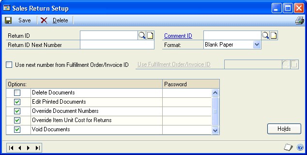 Screenshot of Sales Return Setup window, showing input options before entries have been made.
