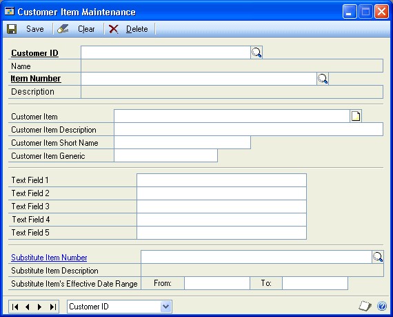 Screenshot of Customer Item Maintenance window, showing input options before entries have been made.