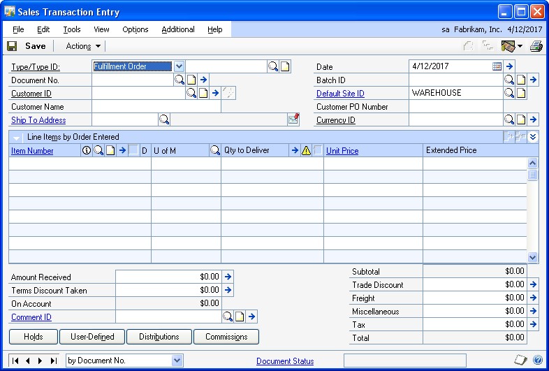 Screenshot that shows the Sales Transaction Entry window.