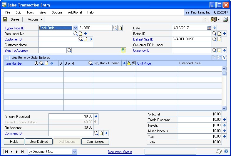 Screenshot that shows the Sales Transaction Entry window after choosing Back Order.