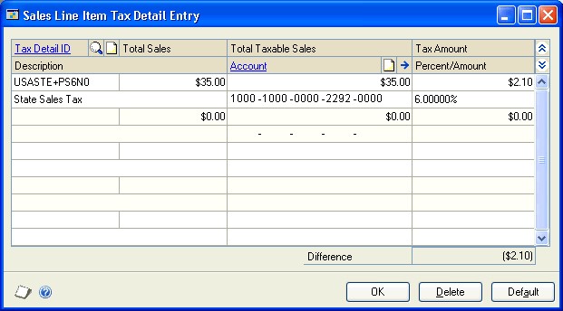Screenshot that shows the Sales Line Item Tax Detail Entry window.