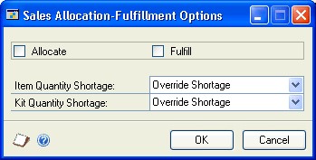 Screenshot of window, showing allocate and fulfill boxes unchecked and override shortage selected in both dropdown boxes.