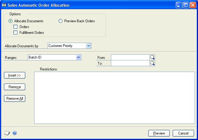 Screenshot of window, showing customer priority selected in the allocate documents by drop down box.