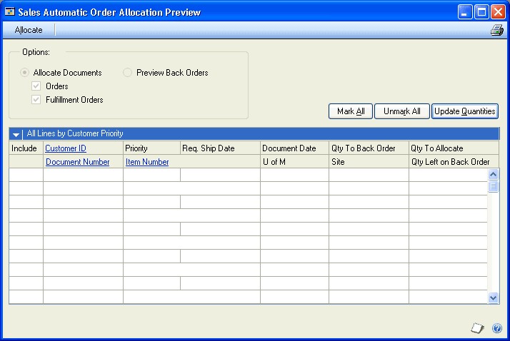 Screenshot of Sales Automatic Order Allocation Preview window, showing an information grid before entries have been made.