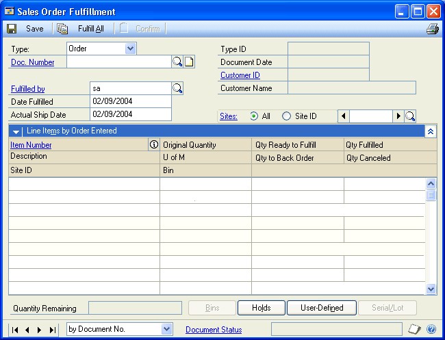 Screenshot of Sales order fulfillment window, showing input field before entries have been made.