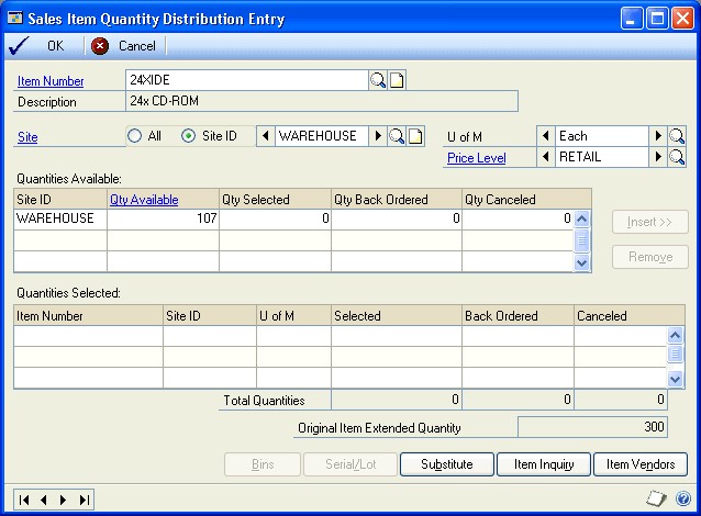 Screenshot of window, showing warehouse entered as the site ID and 107 entered as the quantity available.