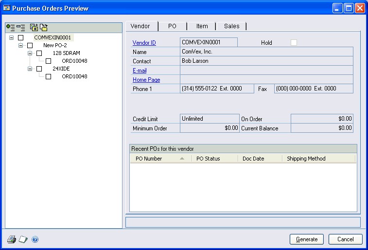 Screenshot of Purchase Orders Preview window, showing Vendor information for ComVex, Inc.