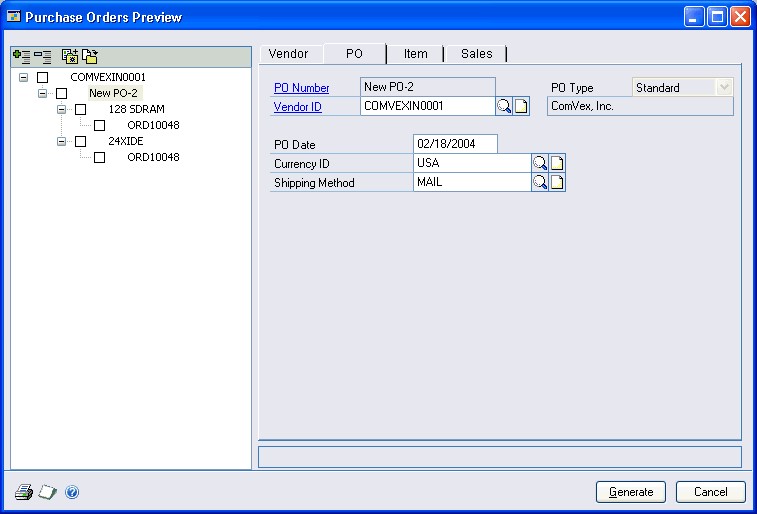 Screenshot of Purchase Orders Preview window, showing example order information within the PO tab.