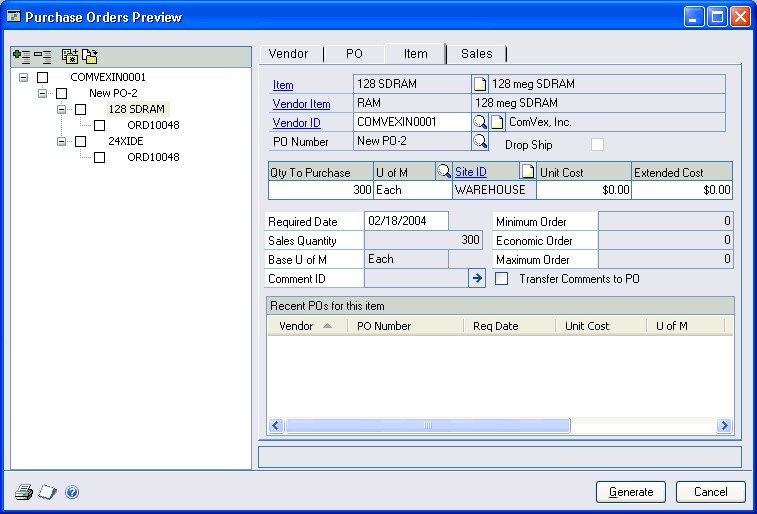 Screenshot of Purchase Orders Preview window, showing example order information within the Item tab.