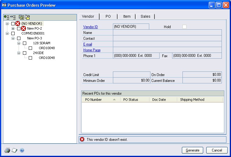 Screenshot of Purchase Orders Preview window that shows example order information within the PO tab.
