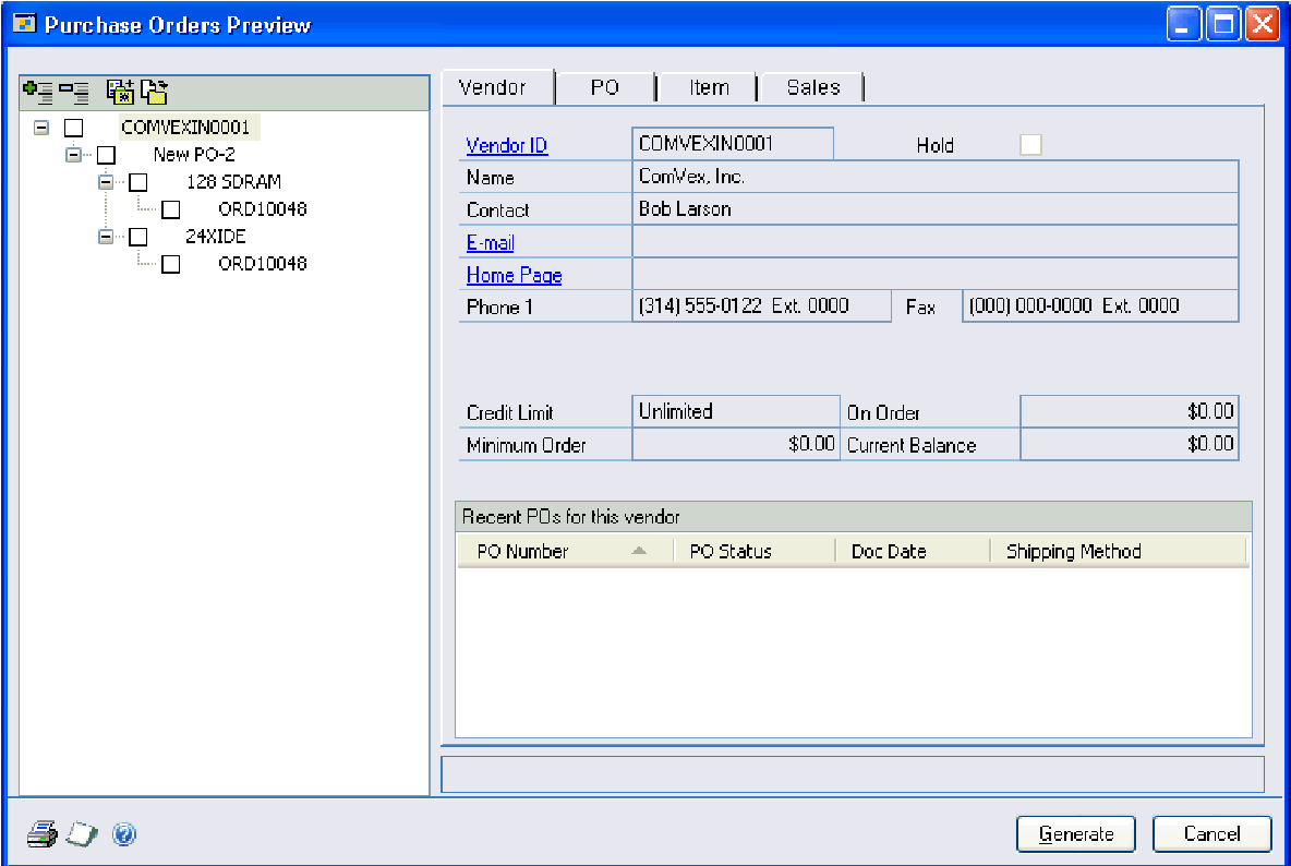 Screenshot of Purchase Orders Preview window, showing example customer and customer-contact information.