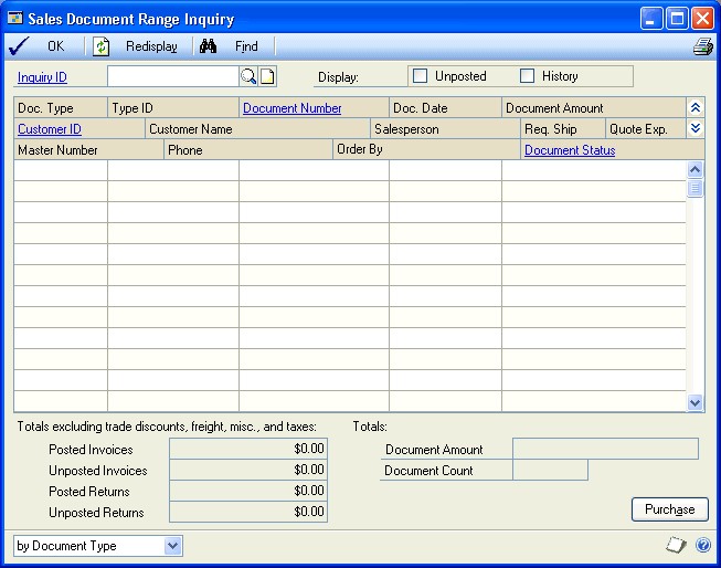 Screenshot of Sales Document Range Inquiry window, showing input options before entries have been made.