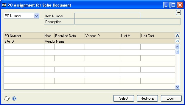 Screenshot of PO Assignment for Sales Document window, showing input options before entries have been made.