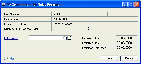 Screenshot of window, showing example item information and a PO Number box without an entry.