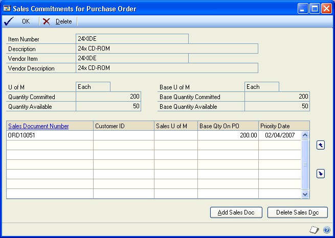 Screenshot of window, showing an example sales Document number, base quantity on PO amount, and priority date.