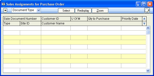 Screenshot of Sales Assignments for Purchase Order window, showing input options before entries have been made.